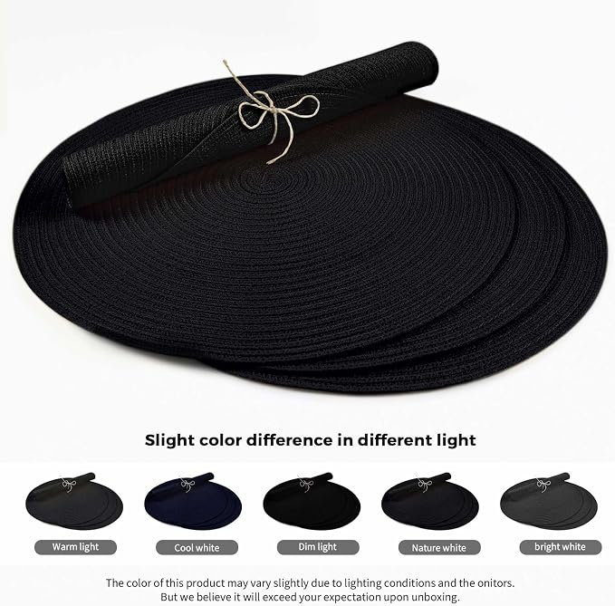 FunWheat Round Braided Placemats Set of 8 Place mats for Dining Tables Woven Heat Resistant Table Mats 15 inch (Black,8pcs)