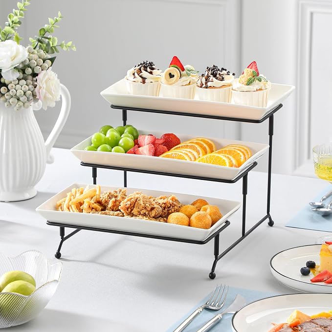 MALACASA 3 Tier Serving Trays for Party, Porcelain Serving Platters and Trays, 12 Inch Tiered Tray Stand, Fruit Tray, Trays for Serving Food, White Dessert Stand with Collapsible Sturdier Metal Rack | Tiered Serving Stand for Party, Fruit Tray, Trays f...