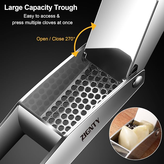 Professional Garlic Press Stainless Steel,Garlic Mincer Large Trough | No Need to Peel, Efficient Garlic Crusher & Ginger Presser, Ergonomic Labor-saving Handle, Easy Squeeze, Dishwasher Safe