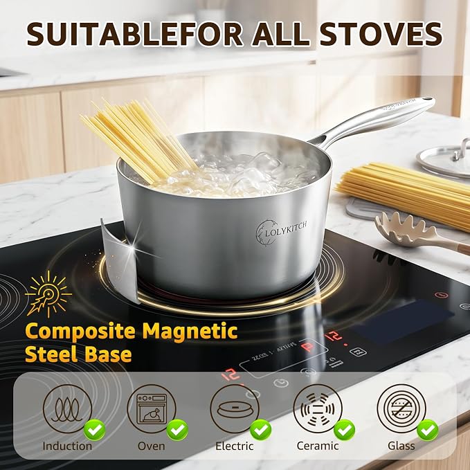 LOLYKITCH 1 & 2 & 3QT Stainless Steel Saucepan Set with Glass Lids | Tri-Ply | Uncoated | Heavy Bottom | Cooking Pots | Metal Sauce Pans for Induction Cooktop | Ergonomic Handle