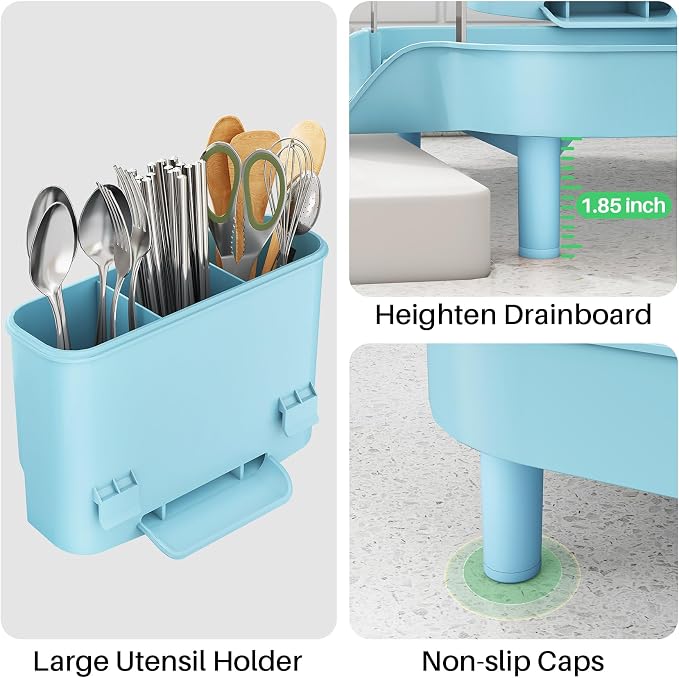 SAYZH Expandable Dish Drying Rack for Small Kitchen Counter, Blue | Stainless Steel, Protective Guardrail, Angled Drainboard, Fits High-Rim Sinks, Removable Utensil Holder