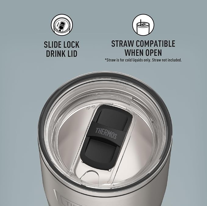 THERMOS Icon Series 24oz Stainless Steel Tumbler with Slide Lock Lid, Leakproof, Fits Cupholder, Dishwasher Safe, Griptec™ Non‑Slip Base, Keeps Drinks Hot 6 Hrs/Cold 22 Hrs, Matte Stainless Steel