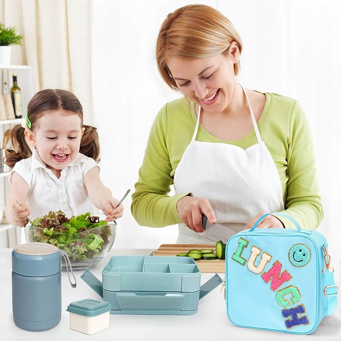 PainZieteg Lunch Box for Girl with 10oz Thermo 6 Compartment Bento Set Blue | Nylon Insulated Lunch Bag with Adjustable Strap, Ideal for Kids and Teens School, Travel and Picnic, Leakproof Thermal Pouch