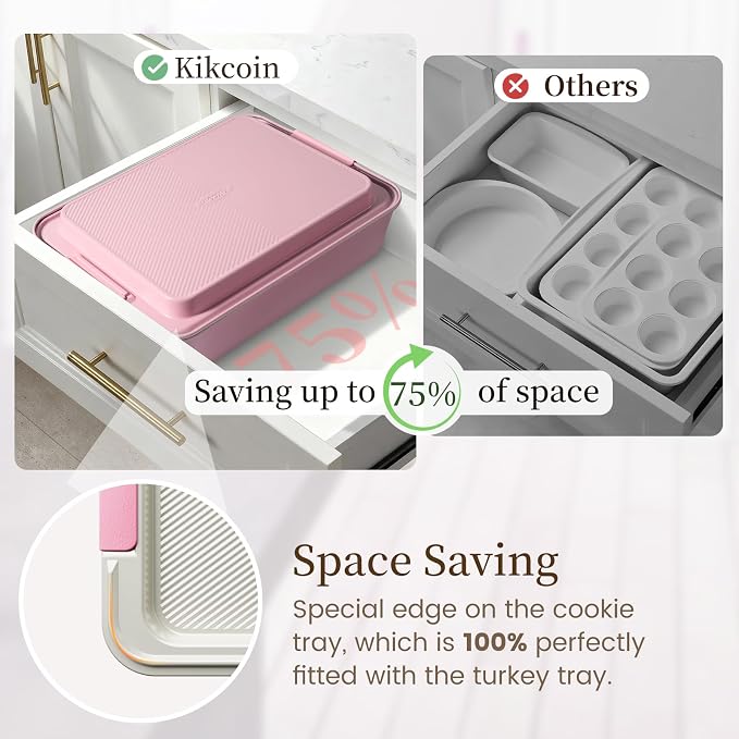 Kikcoin 25-Piece Nonstick Baking Pans Set with Large Turkey Roasting Pan, Stackable Bakeware Set, 450°F Oven Safe Baking Sheet Set with Silicone Handles, Carbon Steel Cookie Sheets for Baking, Pink