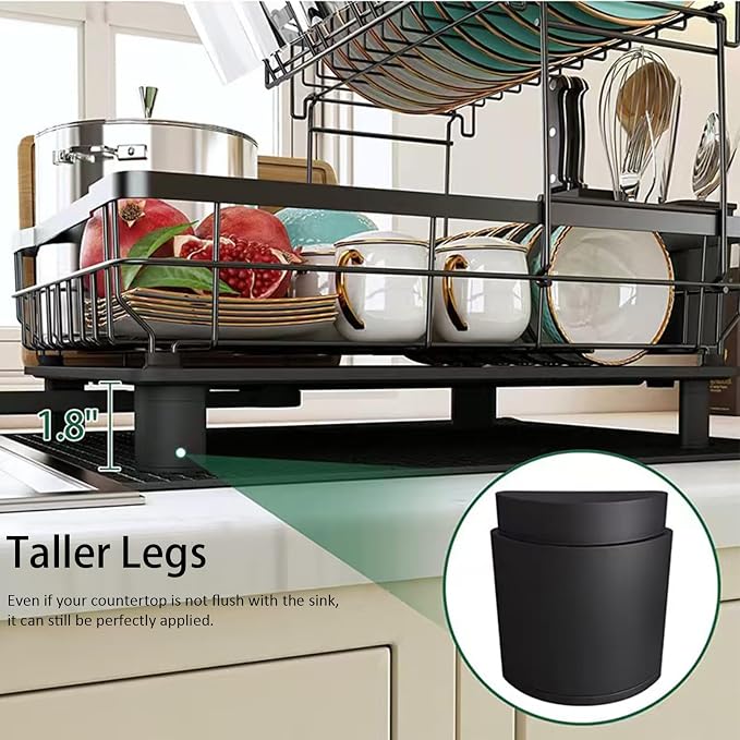 Small 2 Tier Dish Drying Rack, Space Saving Dish Racks for Kitchen Counter, Kitchen Organizer Dish Drainer with Cutlery Holder for Spoons and Forks, 11''W x 15''L, Black