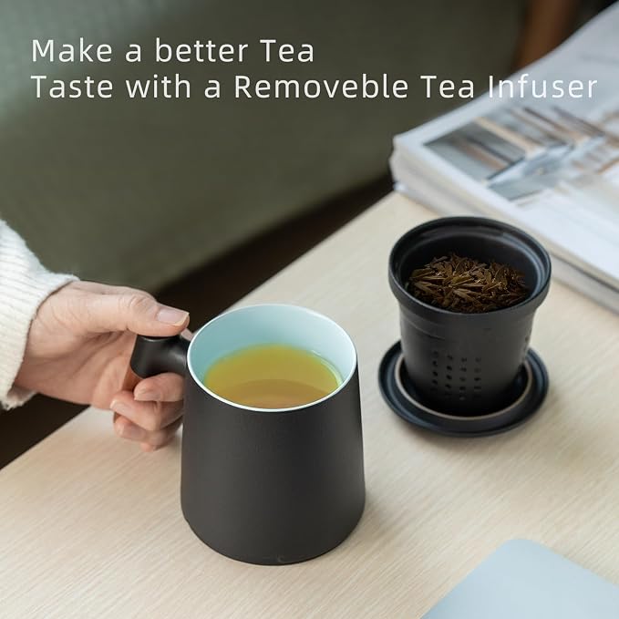 ZENS Tea Cup with Infuser and Lid for Loose Leaf Tea Steeper, 12oz Black | Embossed Ceramic Tea Infuser Mug with Fine Strainer for Herbal Tea Lovers Gifts, Vintage Wood Handle