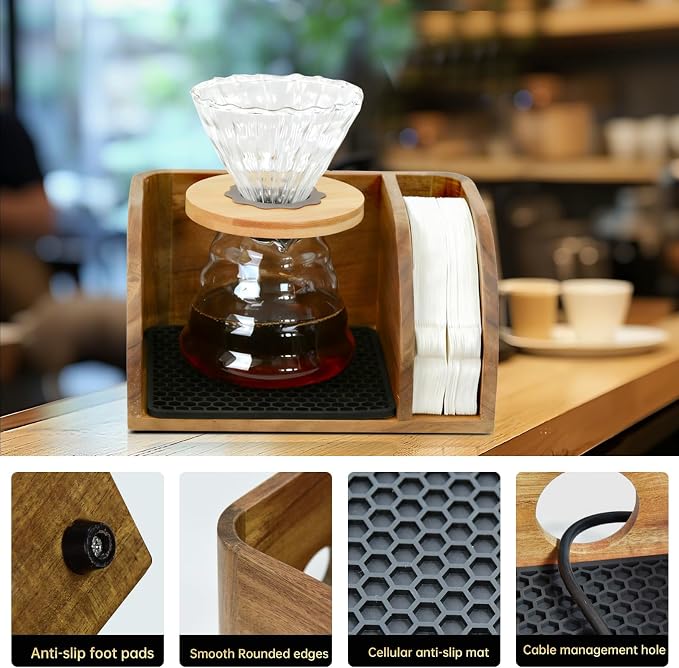 Acacia Coffee Caddy Station Organizer Stand for Chemex Pour Over Maker | Wood Coffee Filter Holder Storage for Countertop, Coffee Bar for Pour Over Chemex Bodum Cosori Coffee Maker with Dripper Mat
