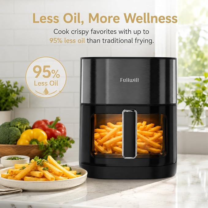 Fullwill 6Qt Air Fryer with Window, Dual Heating, 14-in-1/12 Presets (Wings, Steak, Fries, Pizza), 392°F, 1700W, Nonstick & Dishwasher-Safe Basket, PFOA-Free, Oil-Free Fast Cooking