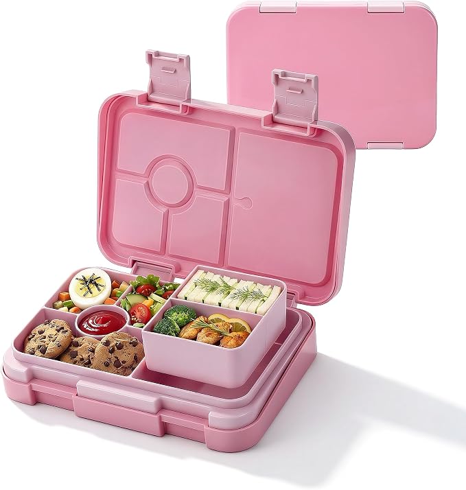 Bento Lunch Box for Kids, 5/6 Compartments, Pink | Dishwasher Safe Back to School Snack Bento Lunch Containers Boxes, Ideal Portion Sizes for On-the-Go Meal, Ages 3+, School
