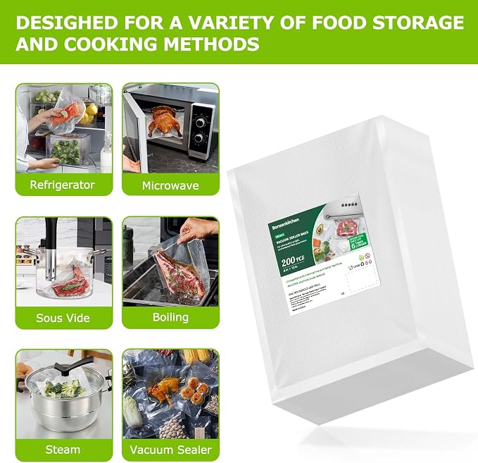 Bonsenkitchen Precut Vacuum Sealer Bags 200 Quart 8" x 12", BPA Free | Commercial Grade Textured Food Vacuum Sealer Bag, Thick Embossed Bags for Storage and Sous Vide Cooking, VB3208