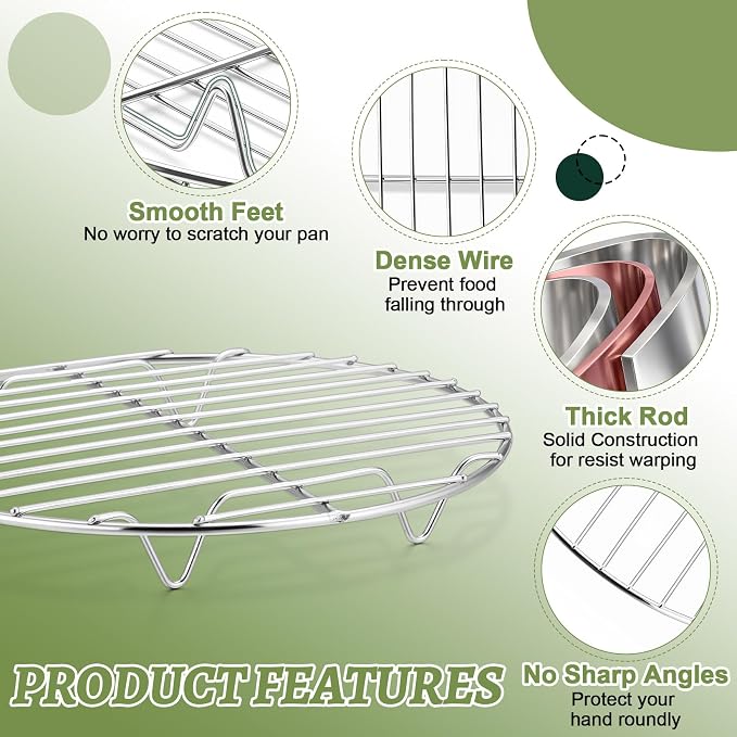 P&P CHEF 7.5 Inch Cooking Rack Round for Steaming Cooling, Silver, 2 Pack | Stainless Steel Round Wire Rack for Baking Grilling, Roasting, Fits Air Fryer, Steamer Pot, Oven & Dishwasher Safe