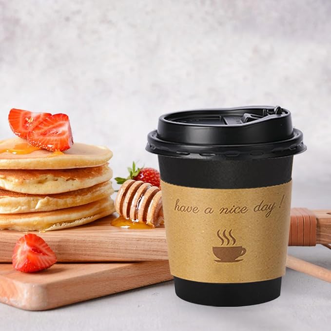 Lamosi 100 Pack 10 oz Coffee Cups, Disposable To Go Paper Cups with Lid | Hot Insulated Cups with Lids, Stir Sticks and Sleeves for Cold Drinks, Tea and Latte, Cafe, Travel and Home Use