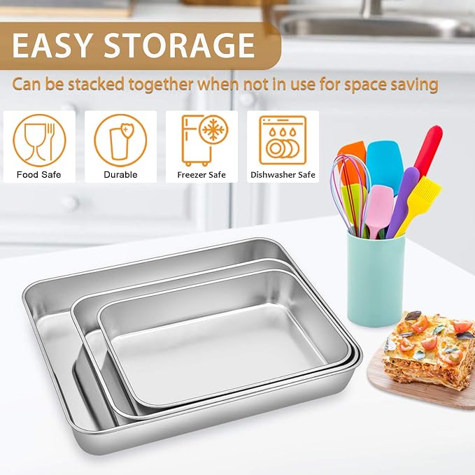 E-far Baking Pans Set of 3, Stainless Steel Sheet Cake Pan for Oven | 12.5/10.5/9.4Inch, Rectangle Bakeware Set for Cake Lasagna Brownie Casserole Cookie, Non-toxic & Healthy, Dishwasher Safe