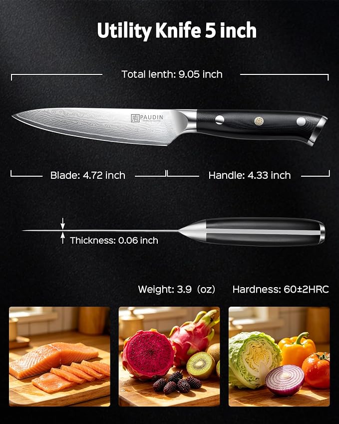 PAUDIN Utility Knife 5'', 67-Layer Forged Damascus Kitchen Knives | Ultra Sharp Petty Knife, Paring Knives for Cutting Fruit and Vegetables, Full Tang G10 Handle with Triple Rivets