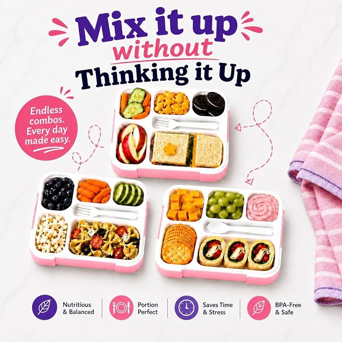 kinsho Glitter Bento Box Lunch Box for Kids Girls, Cute School Snack Meal Prep Container for Lunches, Pink