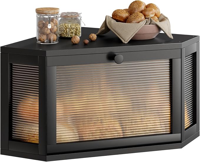 WOWLIVE Corner Bread Box, Bamboo Bread Storage with Acrylic Wavy Door | Breadbox for Kitchen Countertop, Large Farmhouse Bread Holder for Homemade Bread, Multi-functional Container, Black