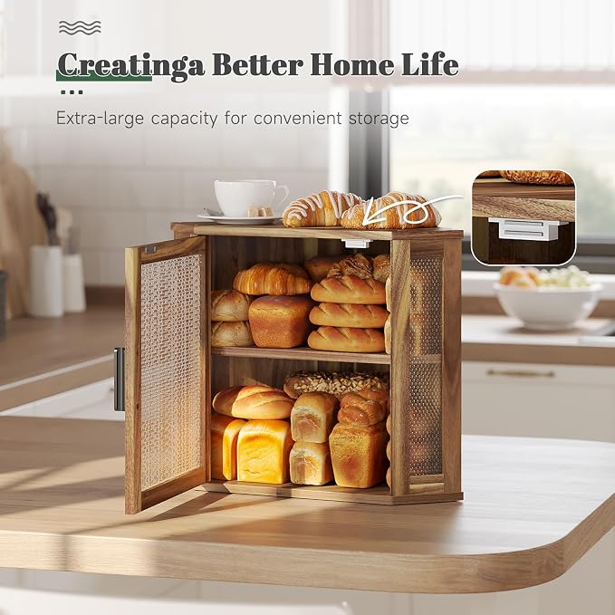 STDDRE Corner Bread Box for Kitchen Countertop 2-Tier Acacia Wood Kitchen Countertop Bread Storage Large Capacity Farmhouse Bread Box with Window Bread Holder Corner Food Organizer (Medium)