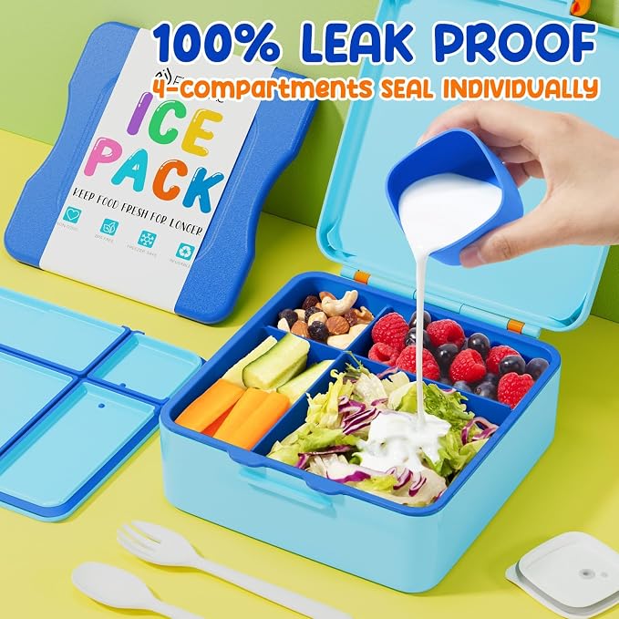 Fimibuke Chill Bento Box for Kids, Toddler Lunch Box with Built-In Ice Pack | Keep Cold Leak Proof BPA Free 4 Compartment Lunch Container with Utensil for Girl Boy School Adult, Microwave Dishwasher Safe
