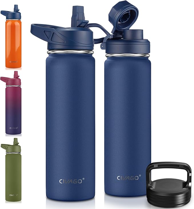 CIVAGO 22 oz Insulated Stainless Steel Water Bottle With Straw and 3 Lids | Large Metal Sports Water Jug, Leakproof Reusable Wide Mouth Thermal Flask Cup with Silicone Boot, BPA-Free, Navy Blue