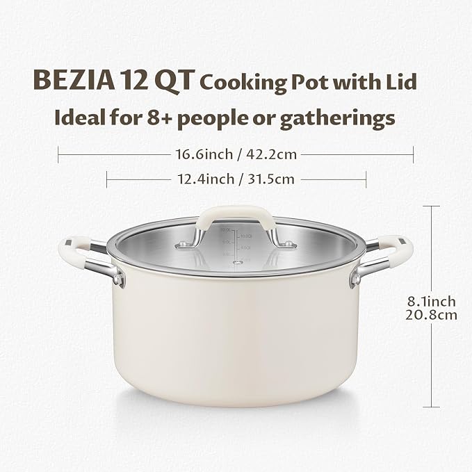 BEZIA 12QT Fully Clad 3-Ply Stainless Steel Stock Pot with Lid, Cooking Pot | Cool-Touch Silicone Handles, Premium Heat Retention & Durability, Oven & Dishwasher Safe, Induction Ready, for Holiday Feasts