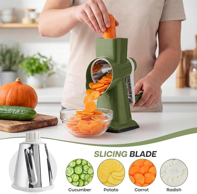 Rotary Cheese Grater, Cheese Grater Hand Crank, 3-Blade Grater | 3 stainless steel drums create fine shreds,coarse grates and slices for cheese, vegetables, salads, pizza and daily meal prep