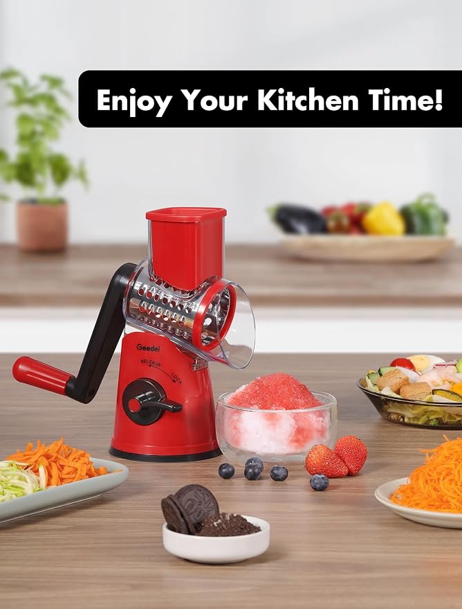 Geedel Rotary Cheese Grater Hand Crank, Cheese Shredder Vegetable Slicer | 5 Blades, 430 Stainless Steel, 12x Fast Cutting, Strong Suction Base, No BPA, Dishwasher Safe, for Cheese, Veggie, Nut