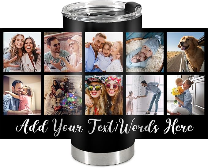 Personalized Tumbler Custom Vacuum Insulated Travel Mug Customizable Coffee Cup with Your Photos and Text Christmas Birthday Gift (10 Photos+Text)