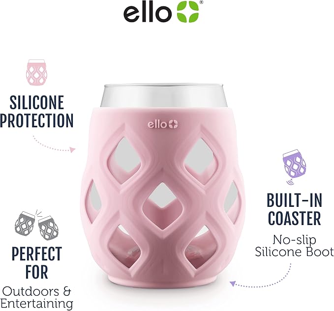 Ello Cru 17oz Stemless Wine Glass Set with Protective Silicone Sleeves, 4 Pack Cocktail Glass Perfect for Summer Patios and Parties Holiday Gifting Her Him Mother's Day, Dishwasher Safe, Cashmere Pink
