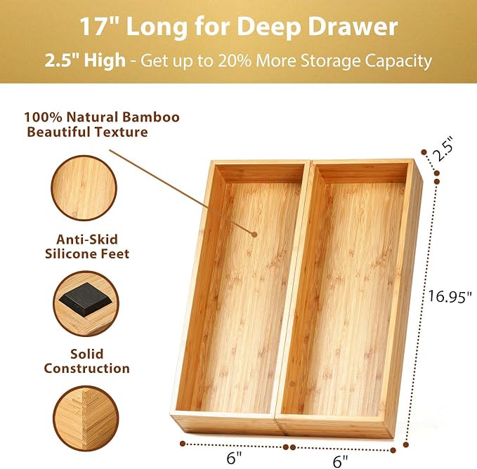 Bamboo Kitchen Utensils Organizer, Extra Long High Silverware Drawer Holder, Flatware Cutlery Storage Box, Multi-Use Drawer Divider in Office, Bathroom, Pantry - 17"x6"x2.5" (Set of 2)