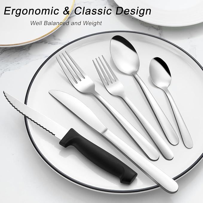 Pleafind 73-Piece Silverware Set with Organizer - Heavy Duty Stainless Steel Flatware Set Service for 12, Cutlery Utensil Sets with Steak Knives, Tableware Set for Home Restaurant, Dishwasher Safe