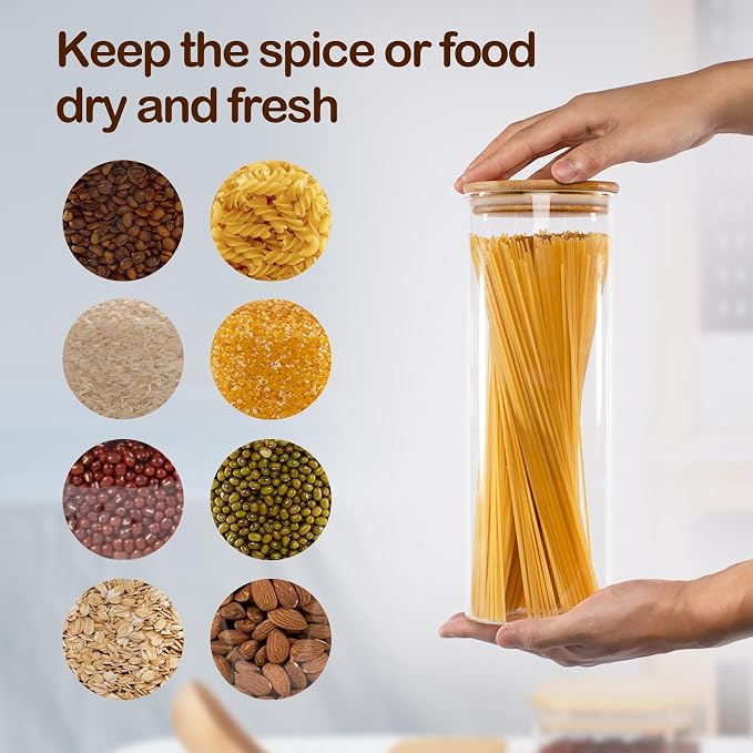 D2scrma 70oz Straight cylindrical Airtight Storage Jars with Bamboo Lid Set of 3 Storage Container Glass Jars, Kitchen Canister for Noodles, Pasta and Coffee beans (‎with Black Lable)
