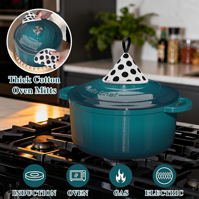 Umite Chef 7QT Enameled Cast Iron Dutch Oven with Lid & Cotton Potholders–Heavy-Duty Cookware for Bread Baking, Braising, Stews, Marinate, Cook(Emerald)