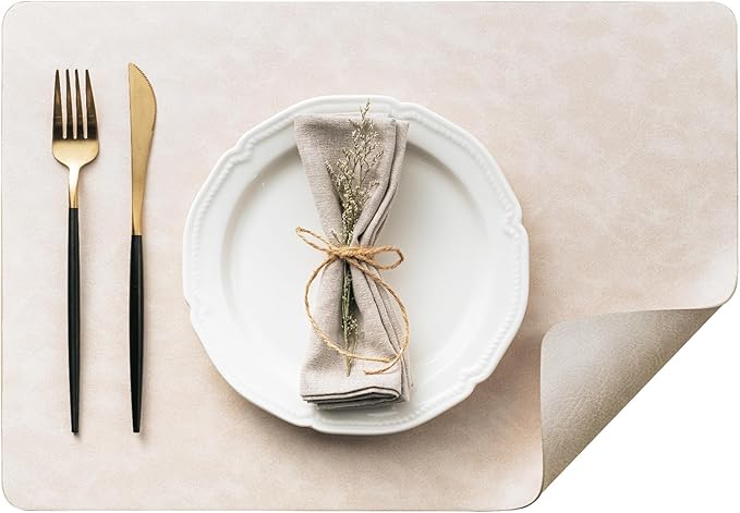 Placemats Set of 8, DOLOPL Reversible Dual-Color Faux Leather Place Mats 17"x11.8"– Waterproof, Heat Resistant, Washable & Wipeable, Luxury Retro Style for Kitchen, Dining Table (Beige & Light Grey)