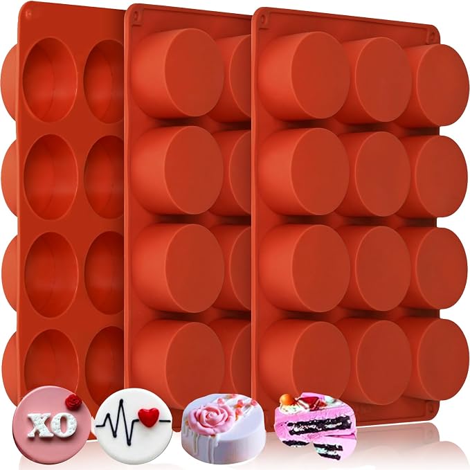 HKNMTT Round Silicone Molds 3 PCS, 12-Cavity 2.1" Round Cylinder Chocolate Covered Cookie Mold, Food Grade Non-Stick Baking Moulds for Candy Handmade Soap Pudding Jello Mini Cake Jelly Brownie