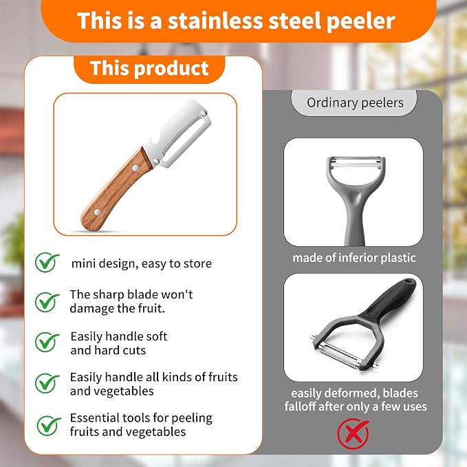 Vegetable Peeler for Kitchen, Stainless Steel Blade with Wooden Handle | 2-in-1 MultiFunctional Fruit Vegetable Peeler, Sharp Wide Blade, Anti-Slip, Bottle Opener, for Potato Apple Pumpkin Prep