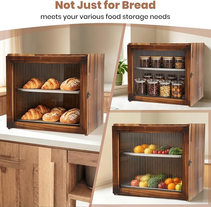 Vintage Bread Box for Kitchen Countertop, 2-Layer Large Wooden Breadbox | Farmhouse Wood Bread Boxes with Removable Stainless Steel Tray, Homemade Bread Storage Container with Clear Acrylic Window