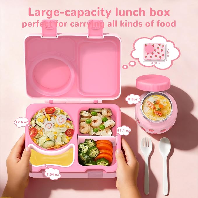 Bento Lunch Box for Kids Adult, Leakproof 3-4 Compartment Bento Box Set with Insulated Food Jar,Water Bottle, Lunch Bag, School Lunch Container for Toddler Teen Girls Boys Ages 3+(Strawberry)