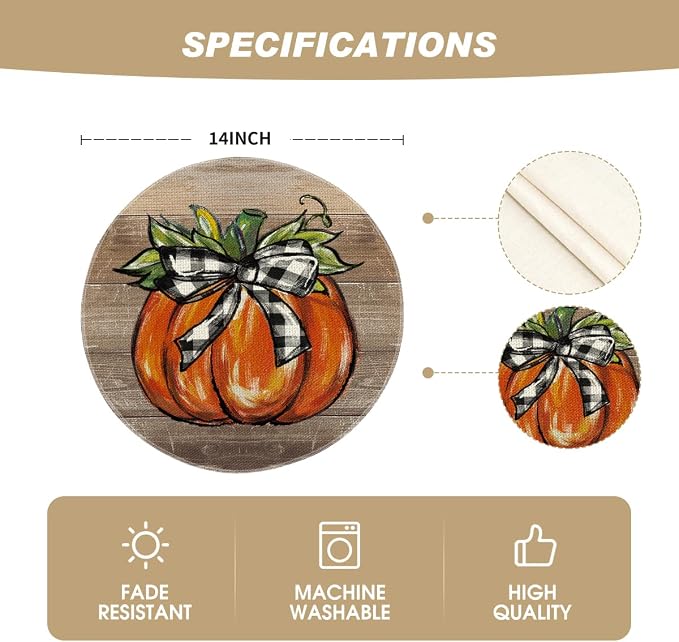 Artoid Mode Wood Pumpkin Bowknot Round Fall Placemats Set of 4-14 Inch | Heat-Resistant, Washable Table Mats, Seasonal Autumn Kitchen Dining Decor