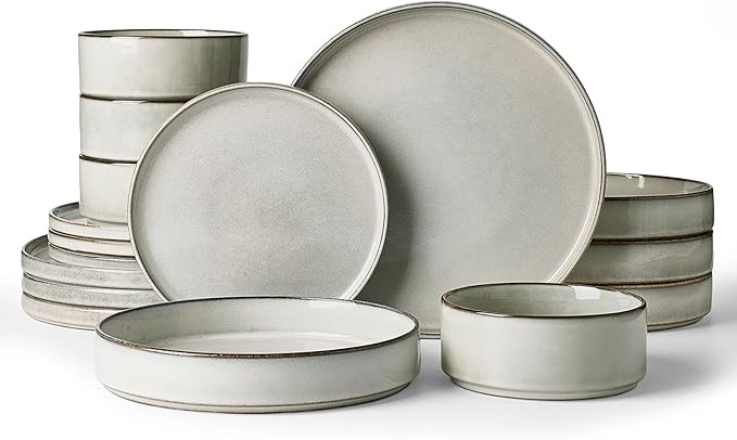 Famiware Annecy 16-Piece Stoneware Plates and Bowls, Grey White | Reactive Glaze Dinnerware Set with Pasta Bowls, Service for 4 - Chip & Scratch Resistant, Microwave & Dishwasher Safe
