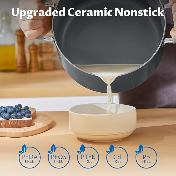 BEZIA 8QT Non Stick Stock Pot with Lid, Ceramic Induction Cooking Pot | Stay-Cool Silicone Handles, Oven Safe & Easy Cleanup, for All Stovetops, for Whole Chicken Soup, Weekend Meal Prep, Blanching