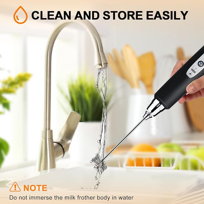 YUSWKO Handheld Milk Frother Wand for Coffee, Rechargeable Electric Whisk with 3 Heads 3 Speeds Drink Mixer Coffee Frother For Latte, Cappuccino, Hot Chocolate, Egg, Black