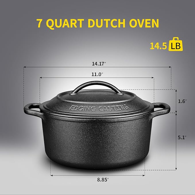 EDGING CASTING Pre-Seasoned Cast Iron Dutch Oven Pot with Lid Dual Handle, Sourdough Bread Baking Pots, Bread Oven, Camping, Grill, Induction, Electric, Round 7 Quart, Black