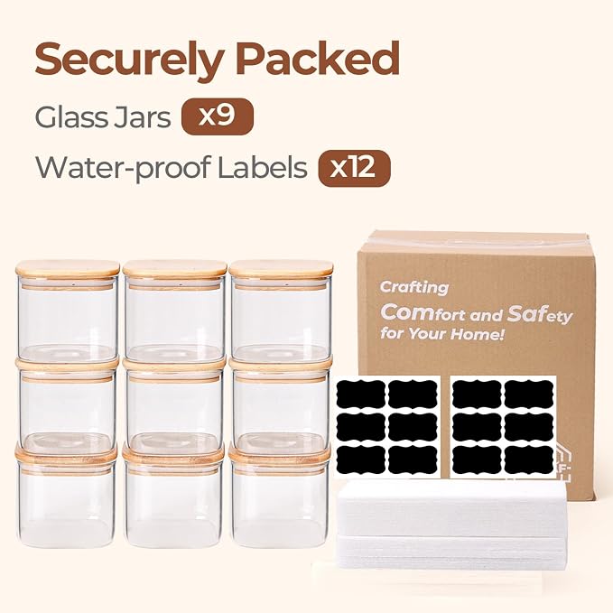 ComSaf Square Glass Containers with Lids 0.7 Qt, Set of 9 Small Galss Jars | Small Kitchen Canisters, Spice Jar, Pantry Organizers, Family Snack Station, Size For Subpackage, BPA Free, Cookie, Dry Food