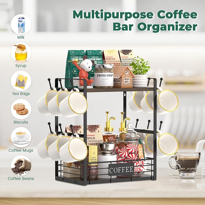 EsLuker.ly Coffee Mug Cup Holder Tree Bar Station Organizer, 2 Tier Brown | Mug Stand Rack for Countertop Kitchen, Storage Tower Display Shelf with 12 Hooks, Coffee Nook Enhancer