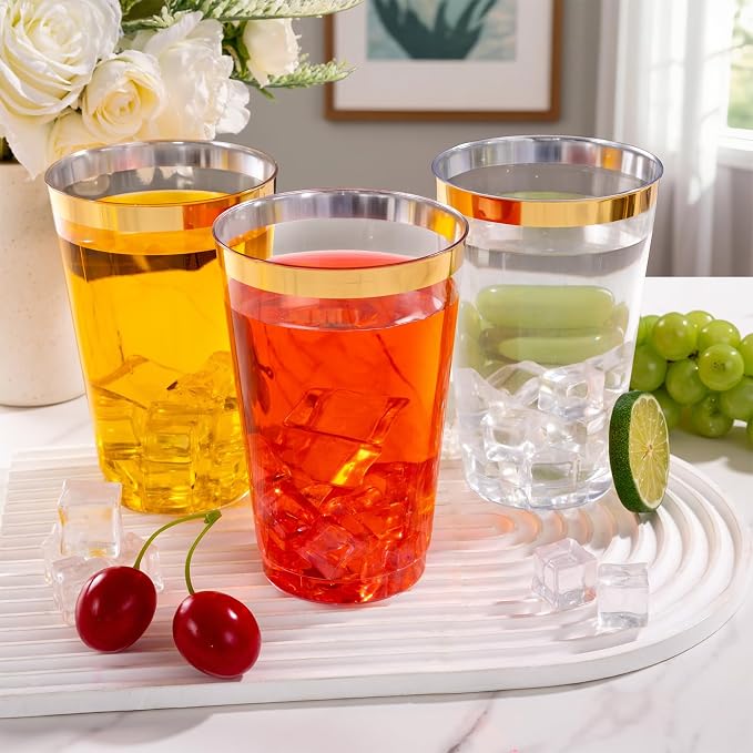 I00000 50 Pack 24 oz Gold Plastic Cups, Elegant Gold Rimmed Plastic Cups, Disposable Cocktail Glasses Wine Glasses, 24 oz Premium Tumblers Perfect for Birthday, Party & Wedding