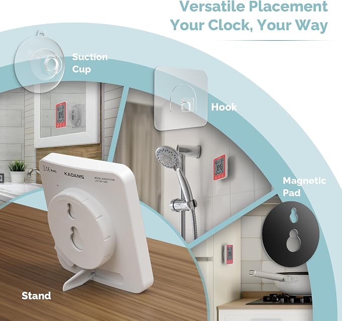KADAMS Shower Clock Waterproof Bathroom Timer – Digital Wall Clock with Countdown, Magnetic Kitchen Clock with Temperature & Humidity, Suction Cup for Kids Shower Spa Sauna Cook Bath (Red)