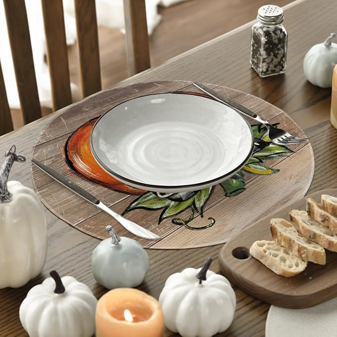 Artoid Mode Wood Pumpkin Bowknot Round Fall Placemats Set of 4-14 Inch | Heat-Resistant, Washable Table Mats, Seasonal Autumn Kitchen Dining Decor