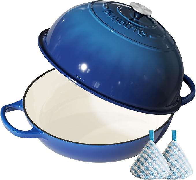 Enameled Cast Iron Bread Oven, 6QT Cast Iron Dutch Oven for Homemade Sourdough Bread Baking, Round Bread Pot with Dome Lid & Cotton Potholders, Navy Blue