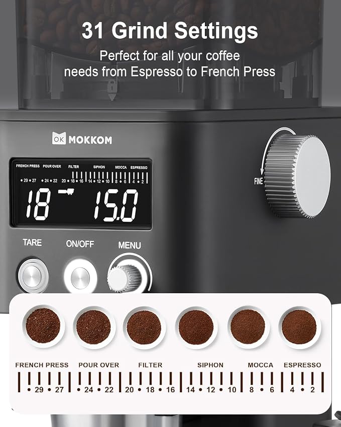 MOKKOM Electric Conical Burr Coffee Grinder with Removable Coffee Scale, Anti-static Coffee Bean Grinder, 31 Grind Settings and Precision Timer for Espresso Pour Over, French Press Black