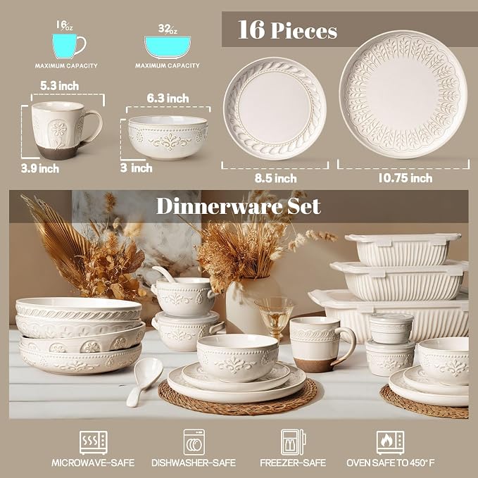 Plates And Bowls Sets, 16 Pieces Dinnerware Sets, Dish Set For 4, Ceramic Kitchen Bowl And Plate Set, Embossed White Dishware Sets, Dishwasher & Microwave Safe (Multiple Patterns) (With Mugs)